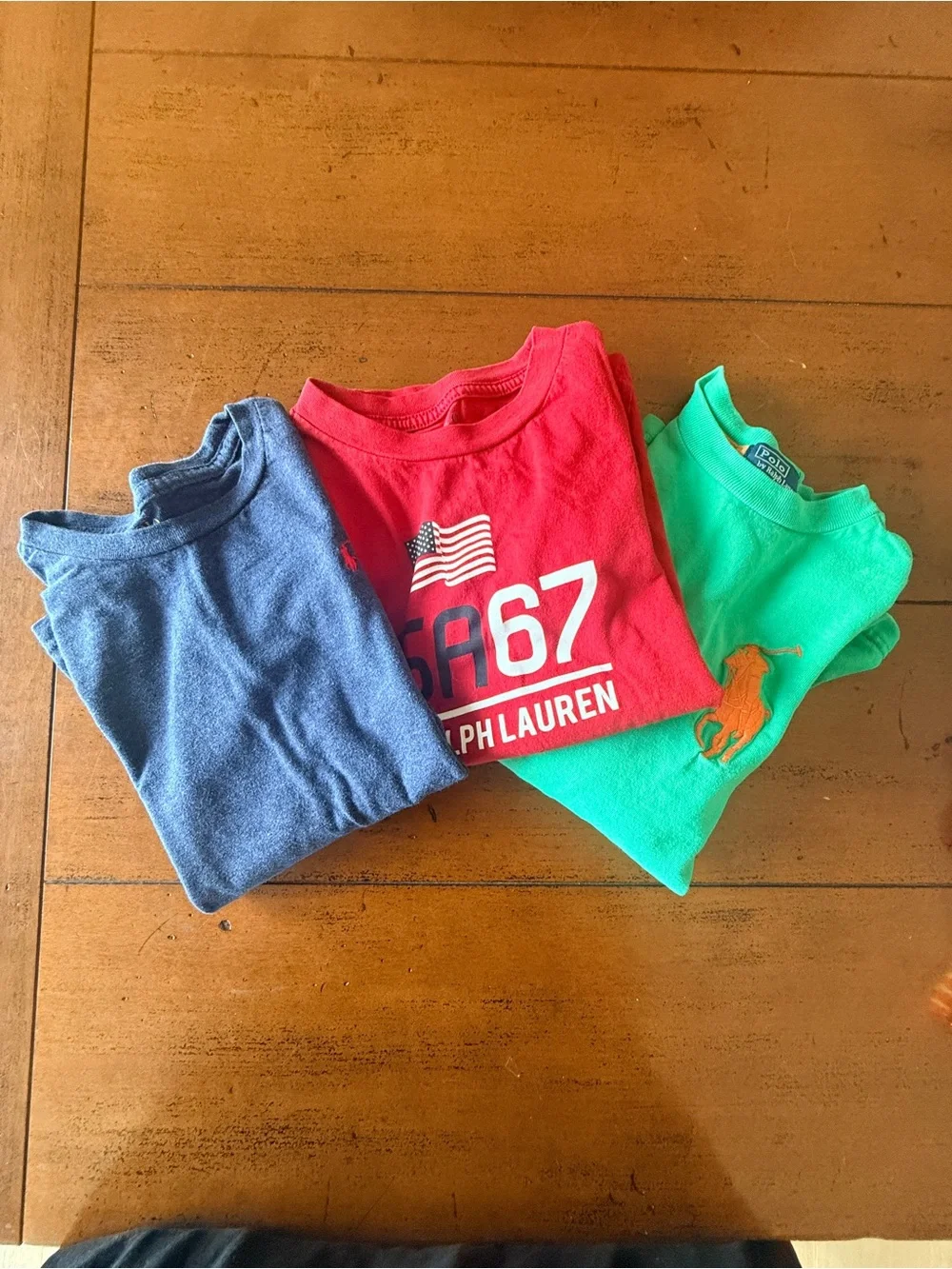 Three Ralph Lauren Long-Sleeve Crewneck Tee in Heather Blue, Red and Green-7
